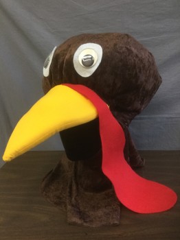 Unisex, Walkabout, Brown, White, Red, Black, Polyester, L200FOAM, Solid, Turkey Walkabout Head, Brown Velour with Yellow Jersey Covered Foam Beak, White Felt with White Plastic Googly Eyes, Red Felt Hanging Wattle, Open Face, Built on Baseball Cap, Thanksgiving