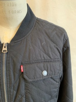 LEVI'S, Black, Cotton, Nylon, Solid, Quilted, Zip Front, Bomber Ribbed Knit Collar, Ribbed Knit Cuff/Waistband, 4 Pockets
