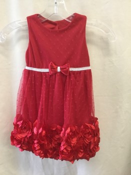 Childrens, Party Dress, Nannette Kids, Red, White, Polyester, Dots, 3, Red Chiffon with Dots, Satin Silk Flowers at Hem, Sleeveless. Red Satin Bow, White Chiffon Covered Rhinestone Ribbon at Waist. 3 Button Closure at CB.