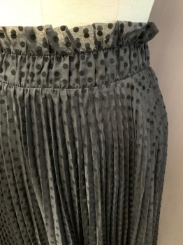 H&M, Black, Polyester, Elastane, Dots, Black Velvet Burnout Dots on Pleated Sheer Fabric, Elastic Waistband with Ruffle, Stretch Solid Black Mini Skirt Under Layer