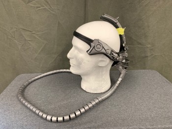 Unisex, Sci-Fi/Fantasy Headpiece, MTO, Silver, Black, Plastic, Leather, Black Leather Headband, Padded Around Head, Silver Plastic Mechanical Parts, Center Back Piece, Silver Plastic Coil Attached at Back Neck **Top Piece Snapped Under the Yellow Tape**