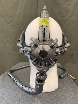 Unisex, Sci-Fi/Fantasy Headpiece, MTO, Silver, Black, Plastic, Leather, Black Leather Headband, Padded Around Head, Silver Plastic Mechanical Parts, Center Back Piece, Silver Plastic Coil Attached at Back Neck **Top Piece Snapped Under the Yellow Tape**
