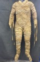 Womens, Historical Fiction Piece 1, MTO, Cream, Ochre Brown-Yellow, Cotton, Rubber, Graphic, Mottled, W30, C36, H38, Mummy, Cotton Gauze Wrapped Around Nylon Bodysuit, Aged and Dirty, Faded Hieroglyph Print in Places, Zip and Hook Eye Back Closure