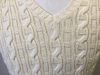 BROOKS BROTHERS, Cream, Cotton, Cable Knit, V-neck, Pullover,