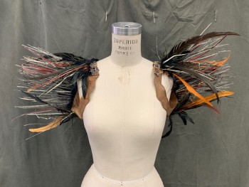 Unisex, Sci-Fi/Fantasy Harness, MTO, Lt Brown, Leather, Feathers, M, Scallopped Shoulder Straps, Open Hole Leather Back Strap with Wrapped Thread, Feather and Stick Wings