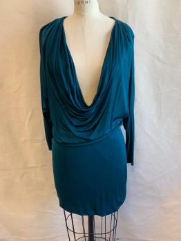 Womens, Cocktail Dress, JAY GODFREY, Teal Green, Silk, Solid, W 25, 4, H 34, Silk Jersey,Draped Low Front and Back Neck, Long Bat-wing Sleeves, Elastic Waist, Short Fitted Skirt