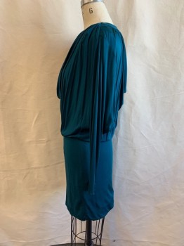 Womens, Cocktail Dress, JAY GODFREY, Teal Green, Silk, Solid, W 25, 4, H 34, Silk Jersey,Draped Low Front and Back Neck, Long Bat-wing Sleeves, Elastic Waist, Short Fitted Skirt