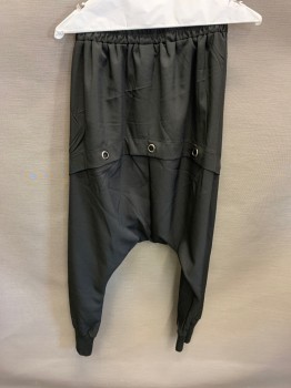 ELLA ZHU, Black, Polyester, Spandex, Harem Pants, Elastic Waist, Large Flap With Velcro, 1 Pocket, Silver Grommets On Back, Knit Cuffs