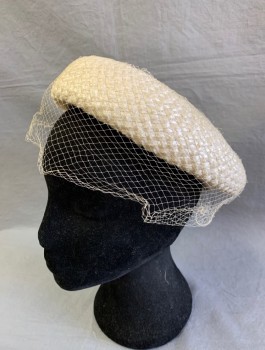 Womens, Hat, N/L, Cream, Straw, Solid, Beret Shape, with Attached Cream Netting, Cream Grosgrain Band with Self Bow at Edging,