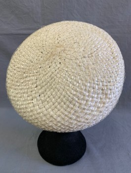 Womens, Hat, N/L, Cream, Straw, Solid, Beret Shape, with Attached Cream Netting, Cream Grosgrain Band with Self Bow at Edging,