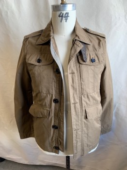 ZARA MAN, Dk Khaki Brn, Poly/Cotton, Nylon, Solid, Zipper and Button Front, 6+ Pockets, Leather Buckle at Neck, Epaulets, Work/cargo Jacket