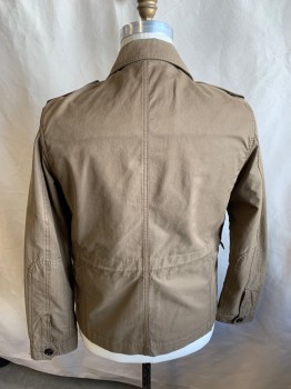 ZARA MAN, Dk Khaki Brn, Poly/Cotton, Nylon, Solid, Zipper and Button Front, 6+ Pockets, Leather Buckle at Neck, Epaulets, Work/cargo Jacket