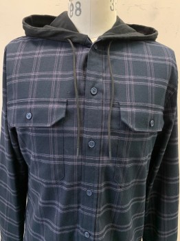 VINCE, Black, Purple, Gray, Polyester, Rayon, Plaid-  Windowpane, L/S, Button Front, Chest Pockets, Attached Hood with D String,