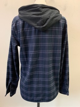 VINCE, Black, Purple, Gray, Polyester, Rayon, Plaid-  Windowpane, L/S, Button Front, Chest Pockets, Attached Hood with D String,
