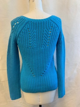CALYPSO, Turquoise Blue, Wool, Solid, Long Sleeves, V-neck, Crochet