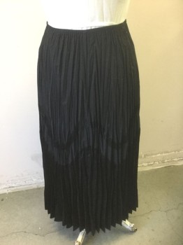 Womens, Skirt, Long, VENEZIA, Black, Polyester, Cotton, Solid, 26/28, Crinkly Pleated Cotton with Satin Hem with Wavy Boarder, with Wavy 1" Satin Band Above It, Elastic Waist,
