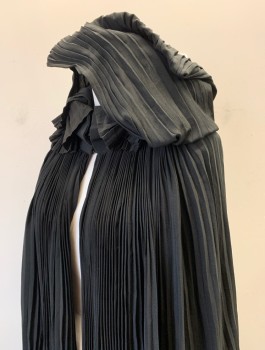 Womens, Cape 1890s-1910s, N/L, Black, Silk, Solid, Accordion Pleated Crepe, Tiers, Attached Self Hood, Ankle Length, Lining is Black with Pink and Gold Paisley Stripes,
