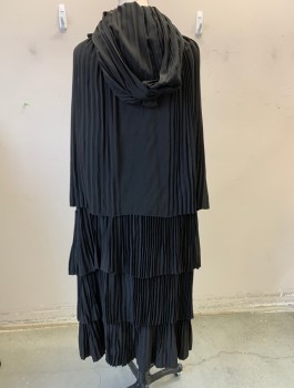 Womens, Cape 1890s-1910s, N/L, Black, Silk, Solid, Accordion Pleated Crepe, Tiers, Attached Self Hood, Ankle Length, Lining is Black with Pink and Gold Paisley Stripes,