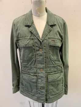 Womens, Casual Jacket, ANTHROPOLOGIE, Olive Green, Cotton, Lyocell, Solid, M, Ribbed Texture, 3 Buttons,  Notched Lapel, 4 Patch Pockets with Flaps, Inverted Seams (Seam Allowance on Outside), Eyelet Patch on 1 Pocket