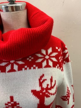 V28, Red, White, Acrylic, Holiday, Sweater Dress, Long Sleeves, Cowl Neck, Christmas Themed, Reindeers, Snowflakes, V Specks
