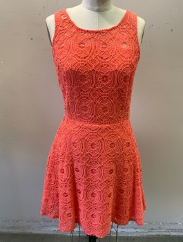 AQUA, Coral Pink, Cotton, Nylon, Solid, Swirl , Looped Lace Fabric Over Opaque Base Layer, 1.5" Straps, Scoop Neck, Fit and Flare Shape, Hem Above Knee, Invisible Zipper in Back
