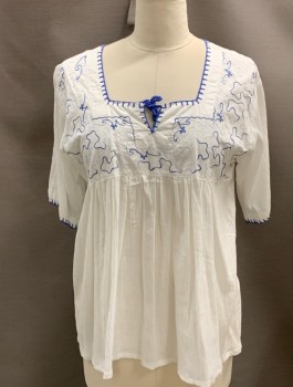 GYPSY ROSE, White, Blue, Silver, Cotton, Solid, Geometric, Square Neckline, S/S, Embroidery Along Neck with Tassel, Squiggles On Front, Empire