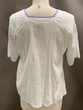 GYPSY ROSE, White, Blue, Silver, Cotton, Solid, Geometric, Square Neckline, S/S, Embroidery Along Neck with Tassel, Squiggles On Front, Empire