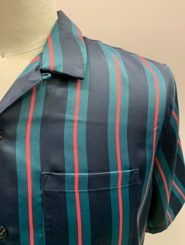 URBAN OUTFITTERS, Dk Green, Multi-color, Polyester, Spandex, Stripes, C.A., Button Front, S/S, 1 Pocket, Hot Pink, Midnight Blue Stripes