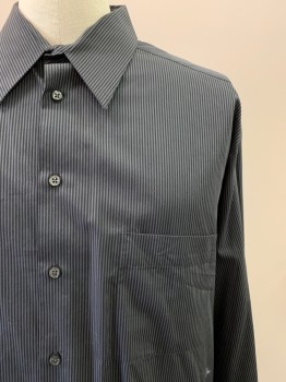ALFANI, Black, Charcoal Gray, Cotton, Stripes - Vertical , L/S, Button Front, Collar Attached, Chest Pocket