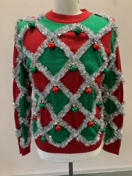 TIPSY ELVES, Red & Green Argyle with Silver Garland Detail & Red & Green Ball Ornaments, L/S, CN,