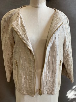 VERSACE, Lt Beige, Cotton, Silk, Solid, Reptile/Snakeskin, Piped Round Neck, No Closures,  Zip Front, 3/4 Raglan Sleeves, 2 Zip Pockets, Day or Evening
