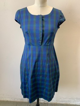 DEBRA MCGUIRE, Royal Blue, Olive Green, Teal Blue, Cotton, Plaid, Cap Sleeves, Scoop Neck, Covered/Hidden Button Placket at Front Bust, A-Line Fit and Flare Shape, Knee Length, Made To Order Retro