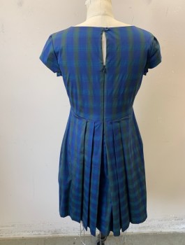 DEBRA MCGUIRE, Royal Blue, Olive Green, Teal Blue, Cotton, Plaid, Cap Sleeves, Scoop Neck, Covered/Hidden Button Placket at Front Bust, A-Line Fit and Flare Shape, Knee Length, Made To Order Retro