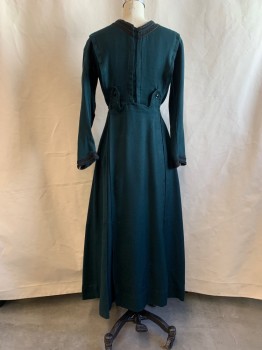 Womens, Historical Fiction Dress, MTO, Forest Green, Black, Wool, Solid, W26, B34, 1912, Black Gimp Trim at Neck and Cuffs, L/S, Belt Loops with Black Button, Hook & Eyes Down Back