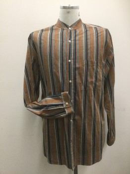 WAH MAKER, Brown, Black, Orange, Turquoise Blue, Taupe, Poly/Cotton, Stripes, Button Front, Collar Band, Long Sleeves, 1 Pocket,