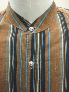 WAH MAKER, Brown, Black, Orange, Turquoise Blue, Taupe, Poly/Cotton, Stripes, Button Front, Collar Band, Long Sleeves, 1 Pocket,