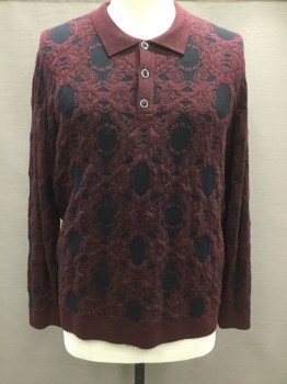 PRESTIGE, Red Burgundy, Black, Nylon, Polyester, Floral, Double Knit Brocade, L/S, Polo, 3 Bttns, Solid Burgundy Ribbed Knit Collar/Cuff/Waistband/Placket