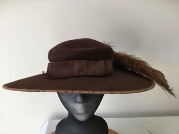 Womens, Hat 1890s-1910s, N/L, Brown, Wool, Feathers, Solid, Brown Felt Wide Brim Hat, Brown Ribbon Grosgrain Band with Bow, Silk Ribbon Edge, Brown/Dk Brown/Tan/Rust Feathers,