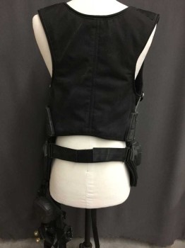 Unisex, Sci-Fi/Fantasy Vest, MTO, Black, Graphite Gray, Blue, Polyester, Artillery Vest With Guns Weapons Ammo, Blue Crotch Plate, Thigh Holster, Webbing, Neoprene, & Plastic, Velcro & Buckles