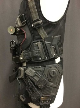 Unisex, Sci-Fi/Fantasy Vest, MTO, Black, Graphite Gray, Blue, Polyester, Artillery Vest With Guns Weapons Ammo, Blue Crotch Plate, Thigh Holster, Webbing, Neoprene, & Plastic, Velcro & Buckles