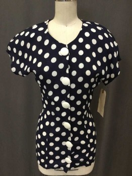 WEST 27TH STREET, Navy Blue, White, Rayon, Polka Dots, S/S, Round Neck, White Large Buttons At Front, Self Lacing Back, Cap Sleeves