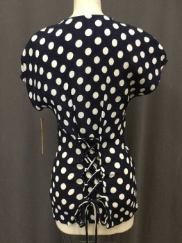 WEST 27TH STREET, Navy Blue, White, Rayon, Polka Dots, S/S, Round Neck, White Large Buttons At Front, Self Lacing Back, Cap Sleeves
