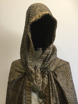 Unisex, Historical Fiction Cape, MTO, Gold, Black, Synthetic, L/XL, Quilted Texture, Open Front, Gathered at Front Neck, Tie at CF Neck, Gold Medallions Chain Link Closure, Hood with Gold Braided Ribbon Trim