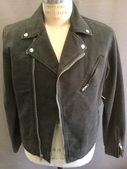 URBAN OUTFITTERS, Olive Green, Gray, Cotton, Solid, Olive Twill, Zip Front with Notch Collar, Moto Jacket Styled, Silver Circular Studs On Collar, 3 Zip Pockets & Zippers At Cuffs, Faint Gray Streaks All Over, Black Quilted Lining