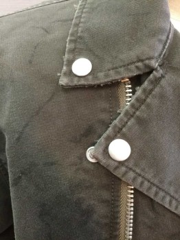 URBAN OUTFITTERS, Olive Green, Gray, Cotton, Solid, Olive Twill, Zip Front with Notch Collar, Moto Jacket Styled, Silver Circular Studs On Collar, 3 Zip Pockets & Zippers At Cuffs, Faint Gray Streaks All Over, Black Quilted Lining