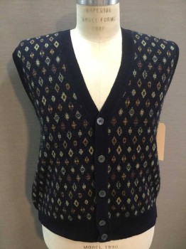 CLUB ROOM, Navy Blue, Yellow, Teal Green, Red Burgundy, White, Wool, Diamonds, VEST:  Navy Flat Knit W/yellow,teal Green, Burgundy, White, Gray Diamond Print, Ribbed Trim, V-neck, Single Breasted, 5 Bf, See Photo Attached,