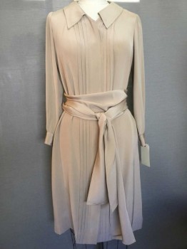 ERIC WINTERLING, Tan Brown, Silk, Solid, Button Front, Pleated Center Front, Collar Attached, Long Sleeves, *Self Tie Scarf, Made To Order,