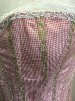 Womens, Corset 1890s-1910s, N/L, Red, White, Lime Green, Cream, Pink, Cotton, Gingham, Floral, W24-26, B34-36, H34-36, Long, Tiny Gingham, Small Flower Embroidery in Vertical Stripes, Cream Lace Trim and Pink Trim Hem, Steel Spoon Busk Front and Light Pink Lacing Back,