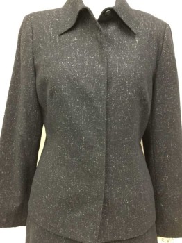 Womens, 1990s Vintage, Suit, Jacket, ANNE KLEIN, Navy Blue, White, Wool, Silk, Speckled, 8P, Collar Attached, 6 Buttons, Convered Front Placket, No Pocket,