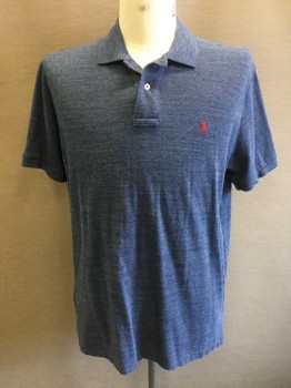POLO, Blue, Gray, Cotton, Heathered, Heather Blue/gray, Collar Attached, 2 Button Front, Split Side & Uneven Hem, Short Sleeves,